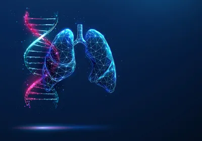 Blue and pink DNA helix and human lungs on a blue background.